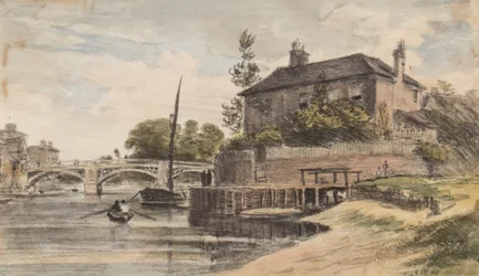 Berkshire: Windsor Bridge från ängen som går till Clewer, Mr Collins" House, Young Cramer och Blagsom i båten, 18 juli 1832
